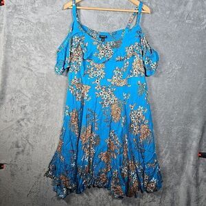 Torrid Dress Womens 3 Blue Floral Cold‎ Shoulder Handkerchief Boho Chic Bohemian